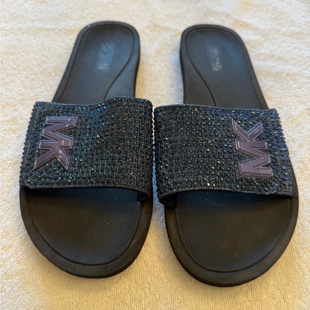 Michael Kors Glittery Blue Slide Sandals. Size 9